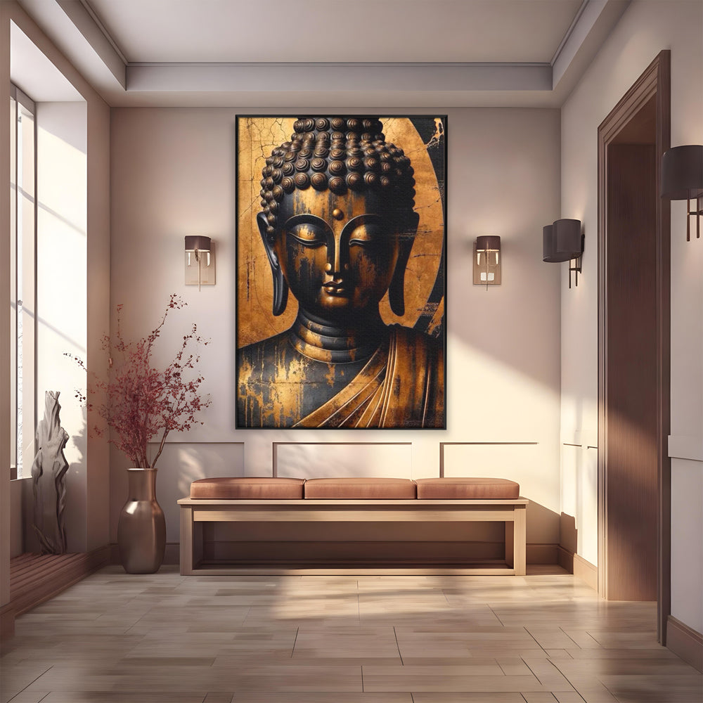 Tablou canvas cu tablou canvas cu capul lui buddha, in rama de aluminiu negru